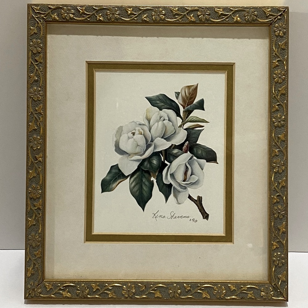 VTG Rena Stevens Signed Magnolia Floral Print 1990 Art Framed Double Matted 9x8